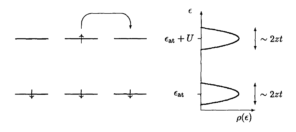 Hopping broadens the levels into two Hubbard subbands of width ~2zt.